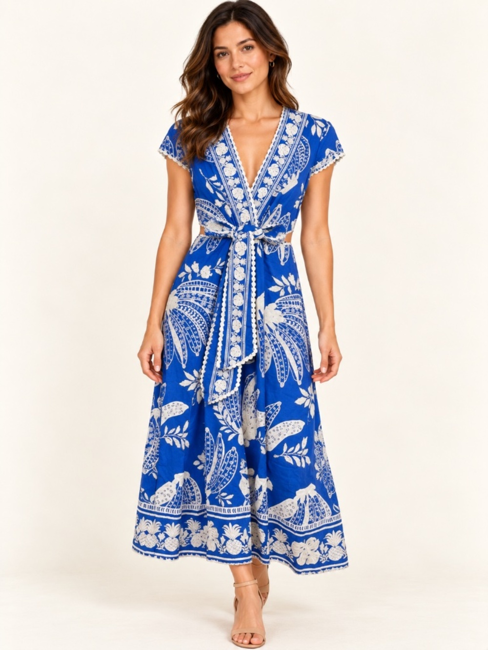 FARM Rio Lace Banana Blue Cutout Tie Front Vacation Resort Coastal Midi Dress